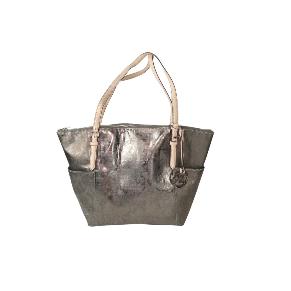 Michael‎ Kors Pewter Perforated Logo Metallic Tote Bag Zip Top